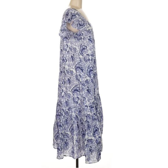 Ophelia and Indigo Floral Blue Flutter Sleeve Tiered Maxi Dress M - Picture 4 of 9